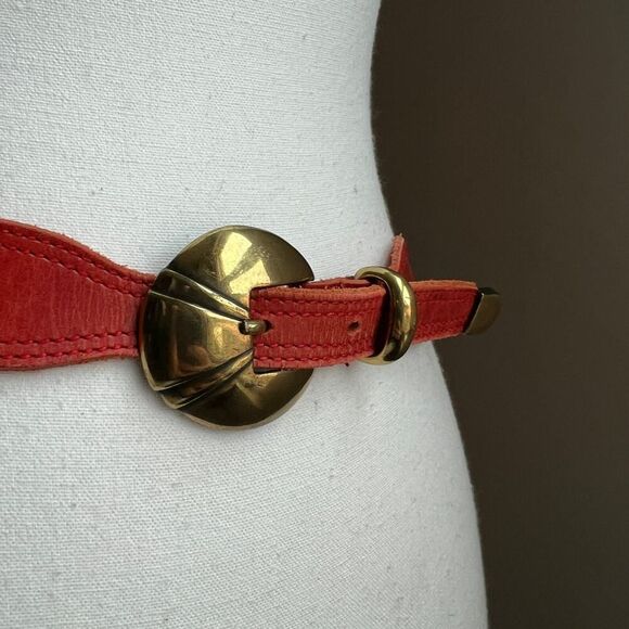 Vintage red leather statement waist belt gold buckle art deco - Picture 2 of 8